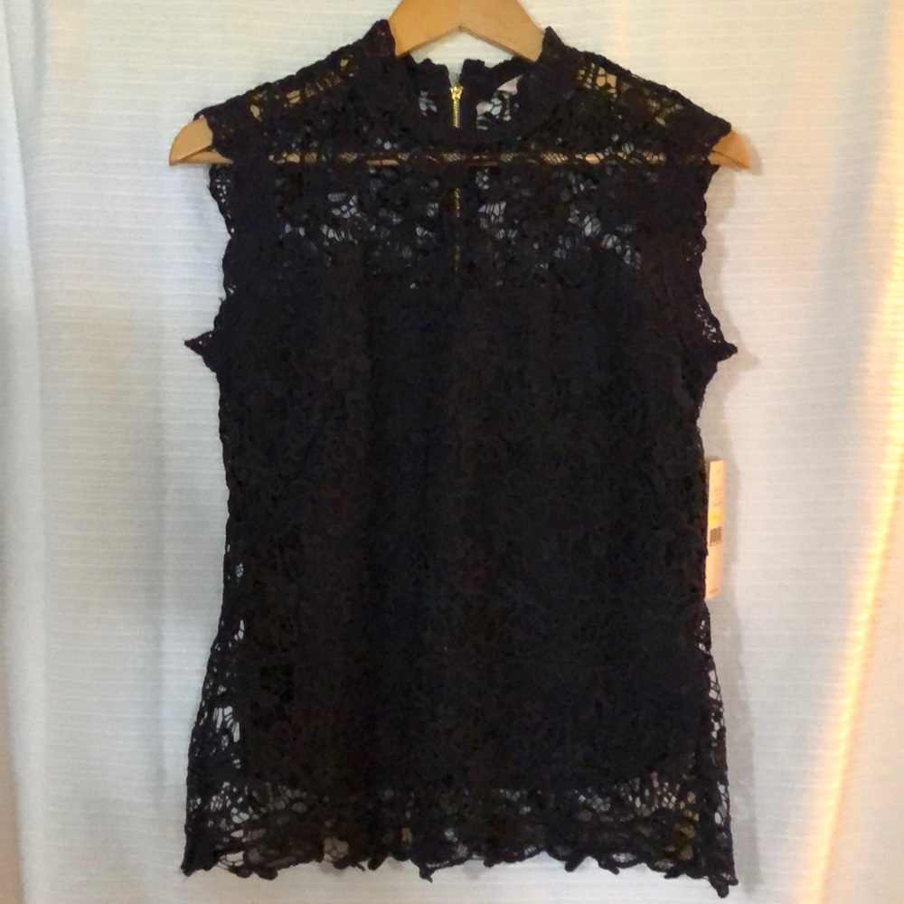 NANETTE Dark Navy Cap Sleeve High Neck Lace Top M